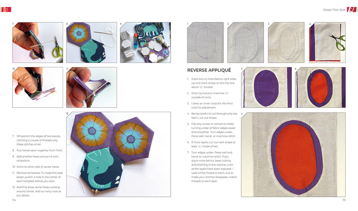 Design Then Quilt by Schiffer Publishing, Ltd. offers a step-by-step reverse appliqué guide with close-up photos of fabric, hand sewing, and hexagon patches—ideal for modern quilters seeking clear instruction on a crisp white background.