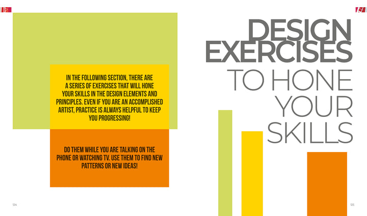 A graphic for "Design Then Quilt" by Schiffer Publishing, Ltd. shows text: “Design Exercises to Hone Your Skills.” A yellow-orange box explains how modern quilters benefit from design practice, with colorful green, yellow, and orange bars on white.