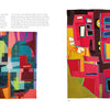 A two-page spread from "Design Then Quilt" by Schiffer Publishing, Ltd. shows Old Friends (left): blue, yellow, brown shapes; and Try It (right): bold red, orange, yellow, blue geometrics. Text appears above. Inspired by modern quilts.