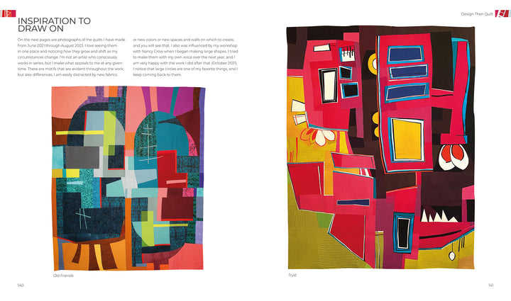 A two-page spread from "Design Then Quilt" by Schiffer Publishing, Ltd. shows Old Friends (left): blue, yellow, brown shapes; and Try It (right): bold red, orange, yellow, blue geometrics. Text appears above. Inspired by modern quilts.