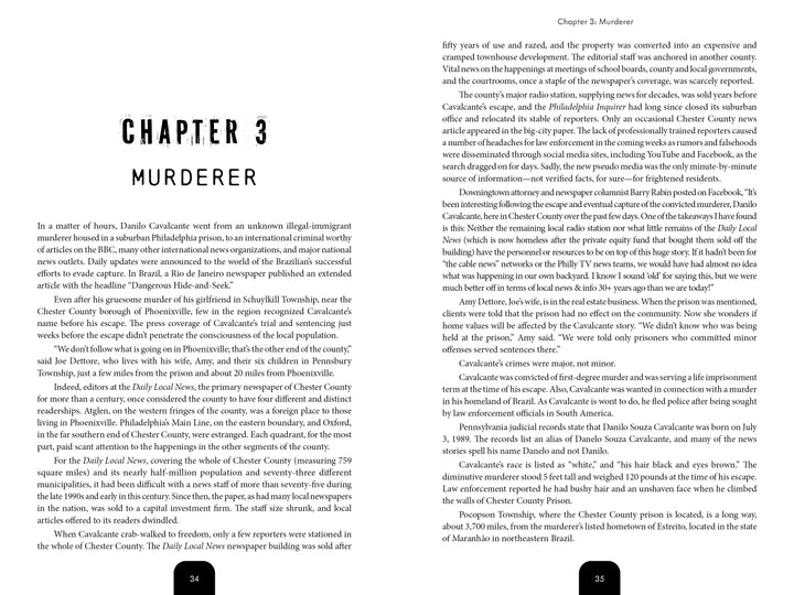 An open copy of "A Killer at the Door" by Schiffer Publishing, Ltd. shows Chapter 3: Murderer on pages 34-35, both filled with dense two-column text about the Danilo Cavalcante prison escape and Chester County manhunt, without illustrations.