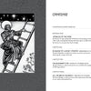 Black-and-white drawing: a robed figure with halo climbs a ladder toward stars and moon, branches nearby. On the right, a table of contents hints at Christian meditations in Voyages with the Celtic Saints (Schiffer Publishing, Ltd.).