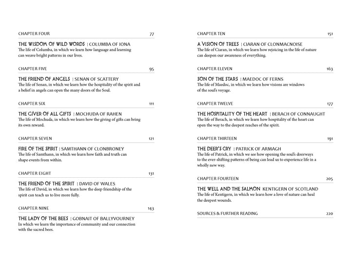 The table of contents for "Voyages with the Celtic Saints" (Schiffer Publishing, Ltd.) lists chapters 4–14 on topics like Celtic saints, with titles, authors like John Matthews, summaries, page numbers, and meditations on page 220.