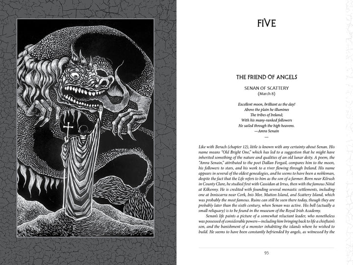 A black-and-white illustration from "Voyages with the Celtic Saints" by Schiffer Publishing, Ltd. shows a robed figure with a staff confronting a dragon-like beast, rendered with dramatic contrast and intricate textures.