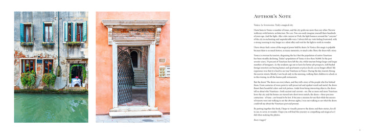 Two photos on the left show Venetian doors: one with windows by a canal featuring a person inside, the other with a rustic entryway in a peach wall. On the right, “Author’s Note” block. From "Doors of Venice" by Schiffer Publishing, Ltd.