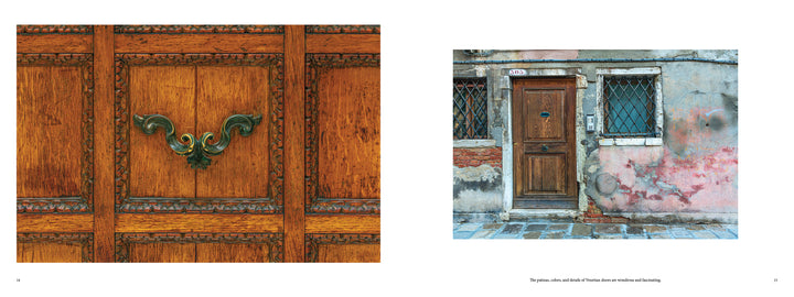 Left: Close-up of an ornate door with decorative metalwork. Right: Weathered door with a mail slot and barred windows—capturing Venice’s charm from the book "Doors of Venice" by Schiffer Publishing, Ltd.