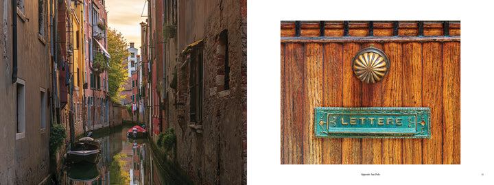 A narrow canal in Venice with boats and colorful, weathered buildings, plus a close-up of a classic Venice door—featured in "Doors of Venice" by Schiffer Publishing, Ltd.—ideal for fans of historic Venice photography.