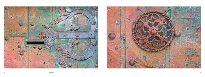 Close-up of two weathered Venice doors from "Doors of Venice" by Schiffer Publishing, Ltd.: the left has floral scrollwork and a mail slot, while the right shows a rope-like circle with a floral center—ideal for any Venice photo book.