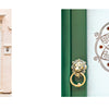 The "Doors of Venice" by Schiffer Publishing, Ltd. features a pale green door with a vibrant floral glass panel and a brass lion-shaped knocker, inspired by historic Venetian doors. Includes close-up of the ornate glass design.