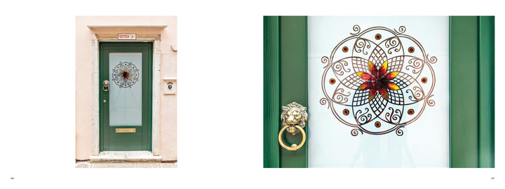 The "Doors of Venice" by Schiffer Publishing, Ltd. features a pale green door with a vibrant floral glass panel and a brass lion-shaped knocker, inspired by historic Venetian doors. Includes close-up of the ornate glass design.