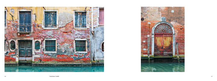 Doors of Venice" by Schiffer Publishing, Ltd. features evocative photos of weathered brick buildings and striking Venetian doors reflected in canal waters, capturing the captivating essence of historic Venice.