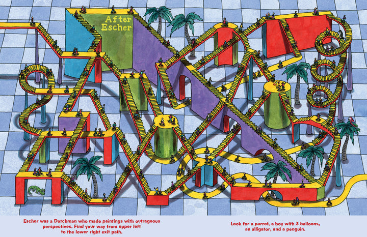 Maze Play by Schiffer Publishing, Ltd. features a vibrant Escher-inspired maze with twisting stairs and slides. Kids can find a path and search for a parrot, boy with balloons, an alligator, and a penguin—perfect for activity books!.