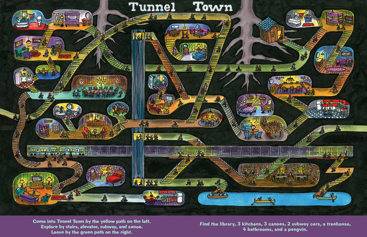 Maze Play by Schiffer Publishing, Ltd. is an illustrated map of “Tunnel Town,” featuring underground rooms connected like a maze with tunnels, ladders, and stairs. Explore a library, kitchens, canoe spot, treehouse, and even find a penguin by the water!.