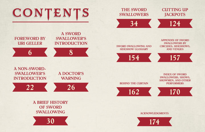 The table of contents for To the Hilt by Schiffer Publishing, Ltd. features red text listing sections like Foreword by Uri Geller, A Sword Swallower’s Introduction, A Doctor’s Warning, chapters on sword swallowing and sideshow history with page numbers.