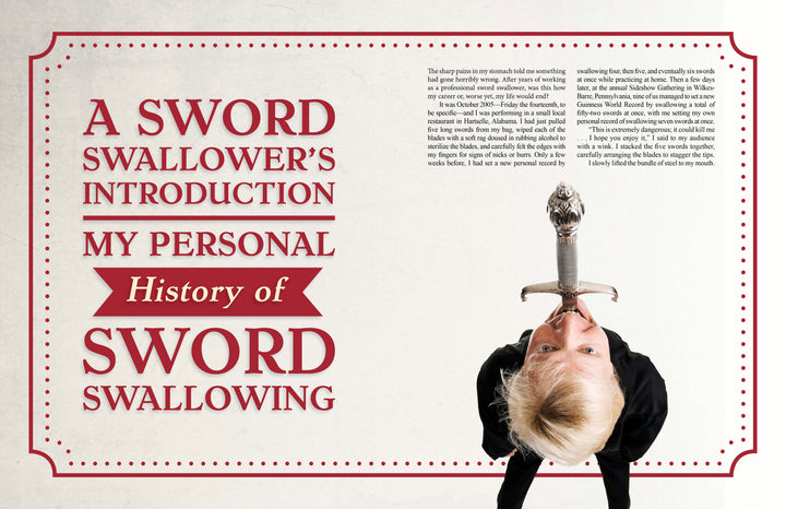 A person with short blond hair looks up while swallowing a sword. To the left, bold red text reads: To the Hilt by Schiffer Publishing, Ltd. The image has a decorative border that evokes classic sideshow history.
