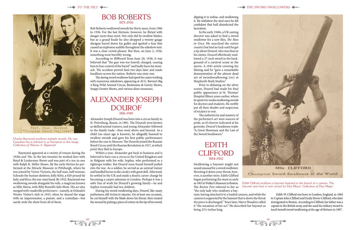 A two-page spread from "To the Hilt" by Schiffer Publishing, Ltd. shows vintage photos of sword swallowers and text biographies for Bob Roberts, Alexander Joseph Dourof, and Edith Clifford, with images of performers holding swords in their mouths.