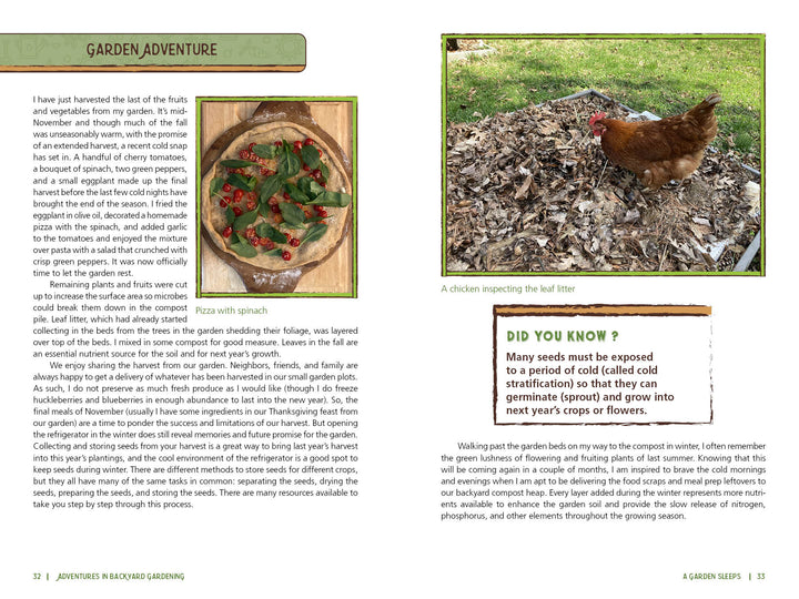 A spread from Schiffer Publishing, Ltd.'s "Adventures in Backyard Gardening" shows a close-up of spinach pizza, a chicken on grass, nature facts in a green “Did You Know?” box, and text about growing your own food.