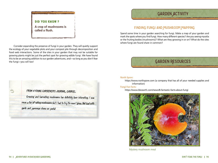 Adventures in Backyard Gardening by Schiffer Publishing, Ltd. features gardening tips, a mushroom photo, a handwritten journal entry, and a fun fungi-finding activity—ideal for nature education or gardening with kids, including links and section headings.