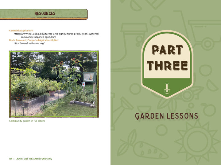 A two-page spread from Schiffer Publishing, Ltd.’s Adventures in Backyard Gardening: left page lists community agriculture resources with a lush garden photo for nature education; right page is a decorative title, Part Three: Garden Lessons.