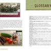 A glossary page from "Adventures in Backyard Gardening" by Schiffer Publishing, Ltd. features a wooden garden gift box with greenery and pinecones, a basket of produce like cucumbers, tomatoes, squash, and definitions of growing food terms.