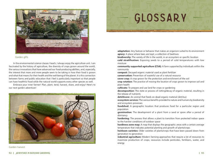 A glossary page from "Adventures in Backyard Gardening" by Schiffer Publishing, Ltd. features a wooden garden gift box with greenery and pinecones, a basket of produce like cucumbers, tomatoes, squash, and definitions of growing food terms.