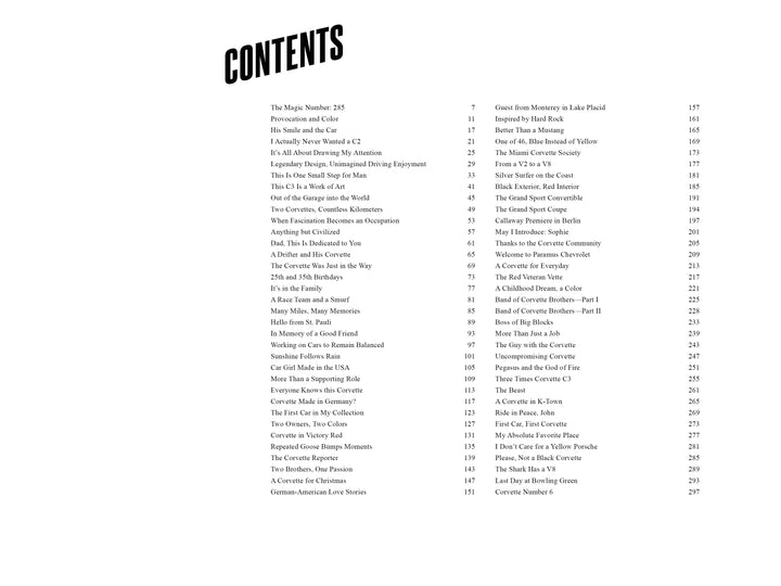 The table of contents page for Chevrolet Corvette by Schiffer Publishing, Ltd. features 'CONTENTS' in large, slanted text at the top left, followed by two columns of chapter titles and page numbers in black on a white background.