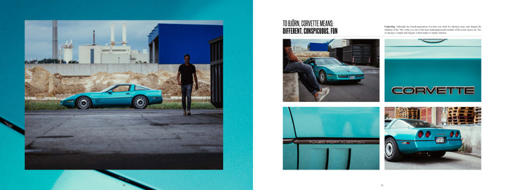 A turquoise Chevrolet Corvette appears parked on an industrial road as a man stands nearby. The opposite page offers four detailed views, including badge and rear lights—ideal for fans of the Schiffer Publishing, Ltd. Chevrolet Corvette.