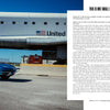 A Chevrolet Corvette from Schiffer Publishing, Ltd. is parked on sunny tarmac before the NASA space shuttle Inspiration, with NASA and United States logos visible under clear blue skies at a space facility.