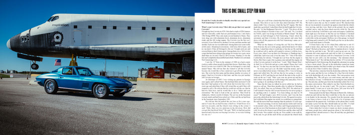 A Chevrolet Corvette from Schiffer Publishing, Ltd. is parked on sunny tarmac before the NASA space shuttle Inspiration, with NASA and United States logos visible under clear blue skies at a space facility.