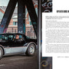 A black and silver Chevrolet Corvette is parked under a graffiti-covered bridge in a magazine spread by Schiffer Publishing, Ltd., featuring detailed text and a close-up of the L-82 badge—ideal for Corvette history enthusiasts.