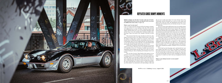 A black and silver Chevrolet Corvette is parked under a graffiti-covered bridge in a magazine spread by Schiffer Publishing, Ltd., featuring detailed text and a close-up of the L-82 badge—ideal for Corvette history enthusiasts.