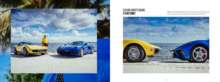 A man in a yellow shirt stands beside a Chevrolet Corvette by Schiffer Publishing, Ltd., parked on a sandy beach near the ocean with palm trees and blue sky in the background. Another blue sports car is beside it.
