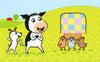 In "Egg Hunt with Max and Moo (a Lift-the-Flap Book)" by Schiffer Publishing, Ltd., a cheerful cow and dog search for chickens hiding under a quilt in a grassy field, with a tree, fence, and red barn in the background.