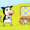 In "Egg Hunt with Max and Moo (a Lift-the-Flap Book)" by Schiffer Publishing, Ltd., a cheerful cow and dog search for chickens hiding under a quilt in a grassy field, with a tree, fence, and red barn in the background.