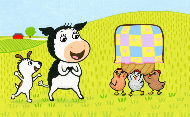 In "Egg Hunt with Max and Moo (a Lift-the-Flap Book)" by Schiffer Publishing, Ltd., a cheerful cow and dog search for chickens hiding under a quilt in a grassy field, with a tree, fence, and red barn in the background.