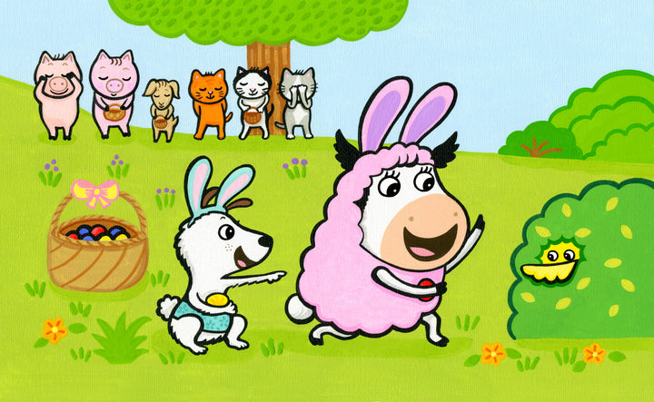 In Egg Hunt with Max and Moo (a Lift-the-Flap Book) by Schiffer Publishing, Ltd., Max the dog and Moo the sheep wear bunny ears as they search for eggs with friends, while a chick peeks from a bush and a basket of colorful eggs waits nearby.