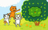 In Egg Hunt with Max and Moo (a Lift-the-Flap Book) from Schiffer Publishing, Ltd., three cartoon cats in a grassy field work together: one orange cat on another’s shoulders reaches for eggs in a tree, while a third cat holds a basket and smiles.
