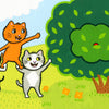 In Egg Hunt with Max and Moo (a Lift-the-Flap Book) from Schiffer Publishing, Ltd., three cartoon cats in a grassy field work together: one orange cat on another’s shoulders reaches for eggs in a tree, while a third cat holds a basket and smiles.