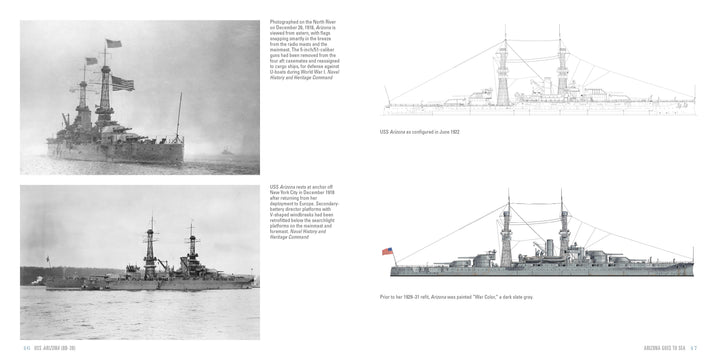 Schiffer Publishing, Ltd. presents a photographic guide to USS Arizona (BB-39), featuring black-and-white photos, line drawings, a color side view with the American flag, plus captions covering its Pearl Harbor service history.