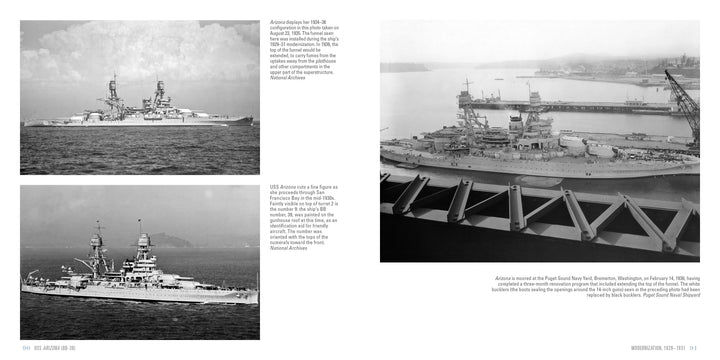 Schiffer Publishing, Ltd.'s "USS Arizona (BB-39)" is a photographic guide with three black-and-white images of U.S. Navy battleships, including an aerial view of the USS Arizona near Pearl Harbor, city and mountains visible in the background.