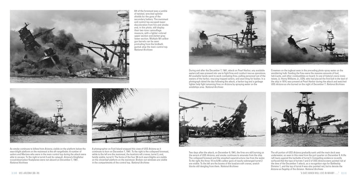 The USS Arizona (BB-39) by Schiffer Publishing, Ltd. is a photographic guide with black and white images of the battleship engulfed in smoke, flames, and sinking amid dramatic explosions during the Pearl Harbor attack.