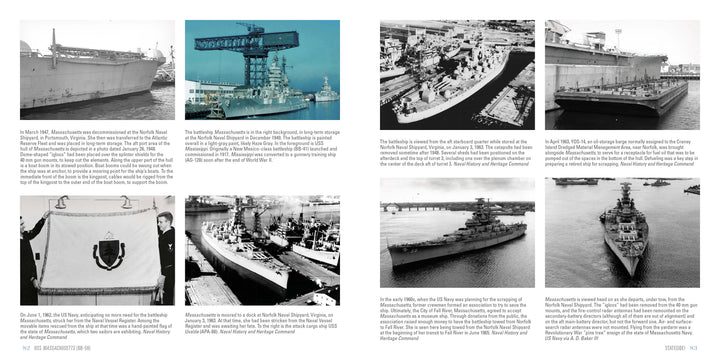 A two-page spread from Schiffer Publishing, Ltd. showcases eight black-and-white photos of USS Massachusetts (BB-59) with captions illustrating its pictorial history, construction, service, and decommissioning.