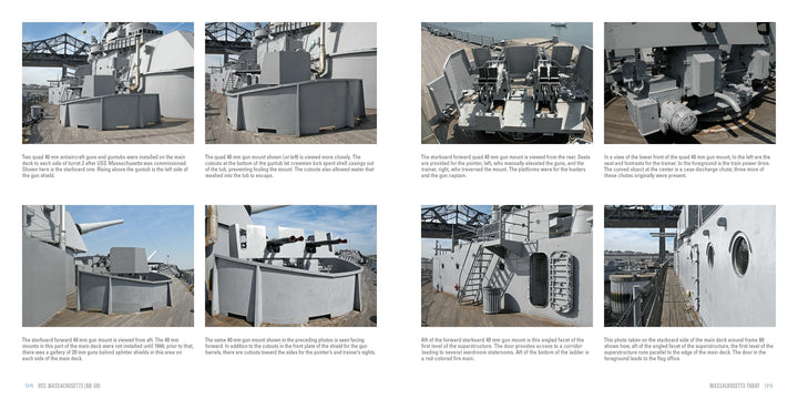A collage of eight photos shows gray gun mounts and ship structures on the USS Massachusetts (BB-59) deck, with railings, sea, and sky—offering a pictorial history from Schiffer Publishing, Ltd.