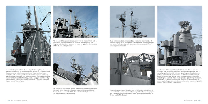 A two-page spread in Schiffer Publishing, Ltd.’s book features close-up photos of the USS Massachusetts (BB-59)’s radar, communication gear, masts, and observation decks with descriptive text on each page.