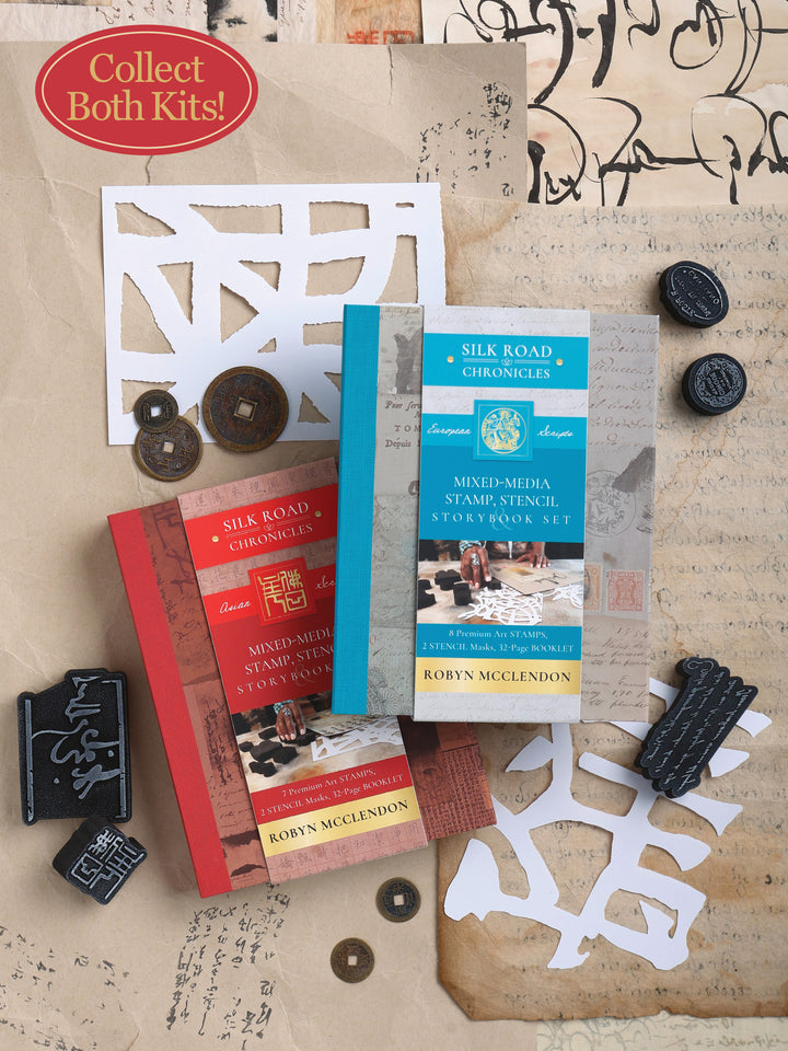 Three “Mixed-Media Stamp, Stencil, and Storybook Set European Scripts” kits by Schiffer Publishing, Ltd. feature foam stamps, stencils, and coins with European script accents on vintage papers. A red label reads: Collect Both Kits!.