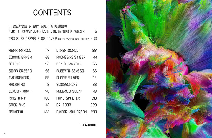 On the left, a contents page lists articles and artists with page numbers; on the right, a vibrant digital artwork illustrates the best of generative and digital art in "Digital Art" by Schiffer Publishing, Ltd.