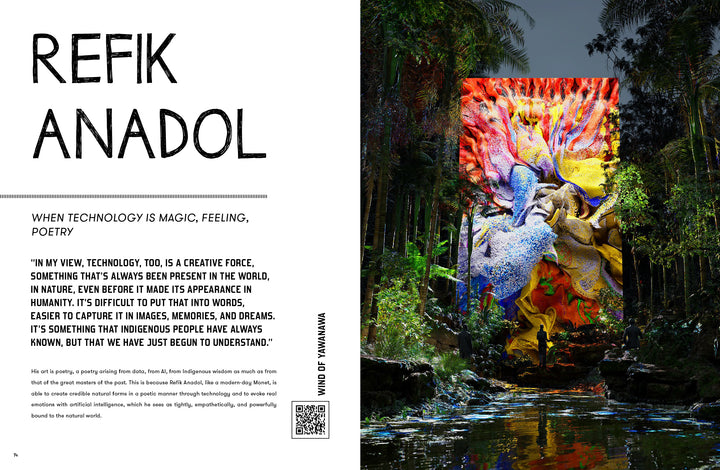 A vibrant generative art installation is showcased among palm trees and water. The left page details how Digital Art by Schiffer Publishing, Ltd. explores the blend of technology, creativity, and nature.