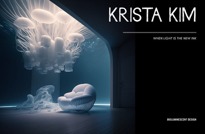 A modern white chair sits in a minimalist room illuminated by glowing lights. The text reads: Schiffer Publishing, Ltd.: Digital Art—when light is the new ink. Generative art meets bioluminescent design.