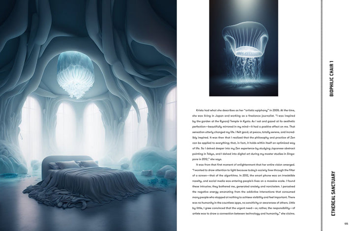 A surreal bedroom glows with a jellyfish-inspired chandelier and flowing, aquatic walls. Soft blue light and dreamlike décor evoke the aesthetic of "Digital Art" by Schiffer Publishing, Ltd., reflecting modern digital artistry.