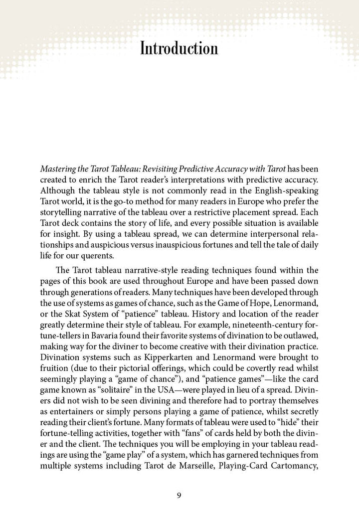 The book "Mastering the Tarot Tableau" by Schiffer Publishing, Ltd. features an Introduction page discussing the Tarot Tableau method’s history, narrative reading value, and its role in European traditions, in black text on a white background.
